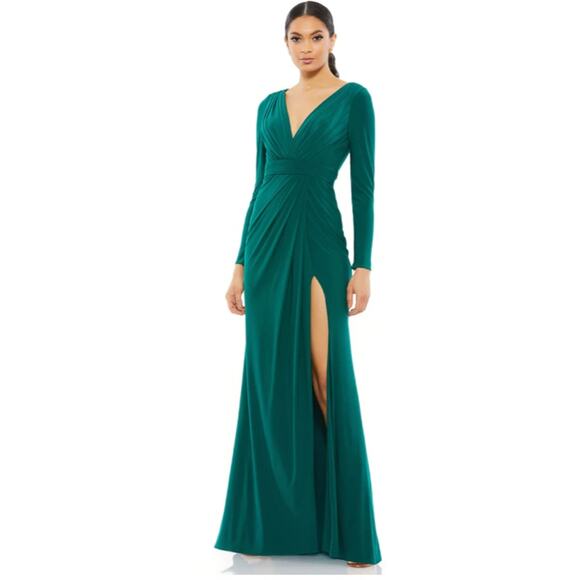 Mac Duggal 26554 V-Neck Long Sleeve Emerald Green Jersey High Slit Gown - Picture 1 of 8
